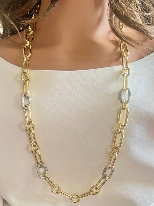 18K Gold/Silver Plated Large Oval Link Clip With CZ Necklace with strong magnetic lock