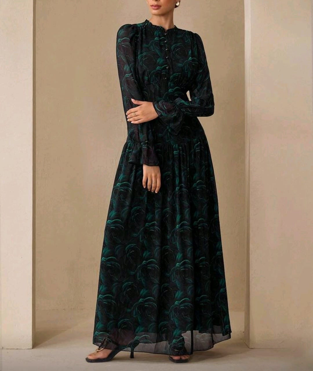 Green Floral Print Modest Gown