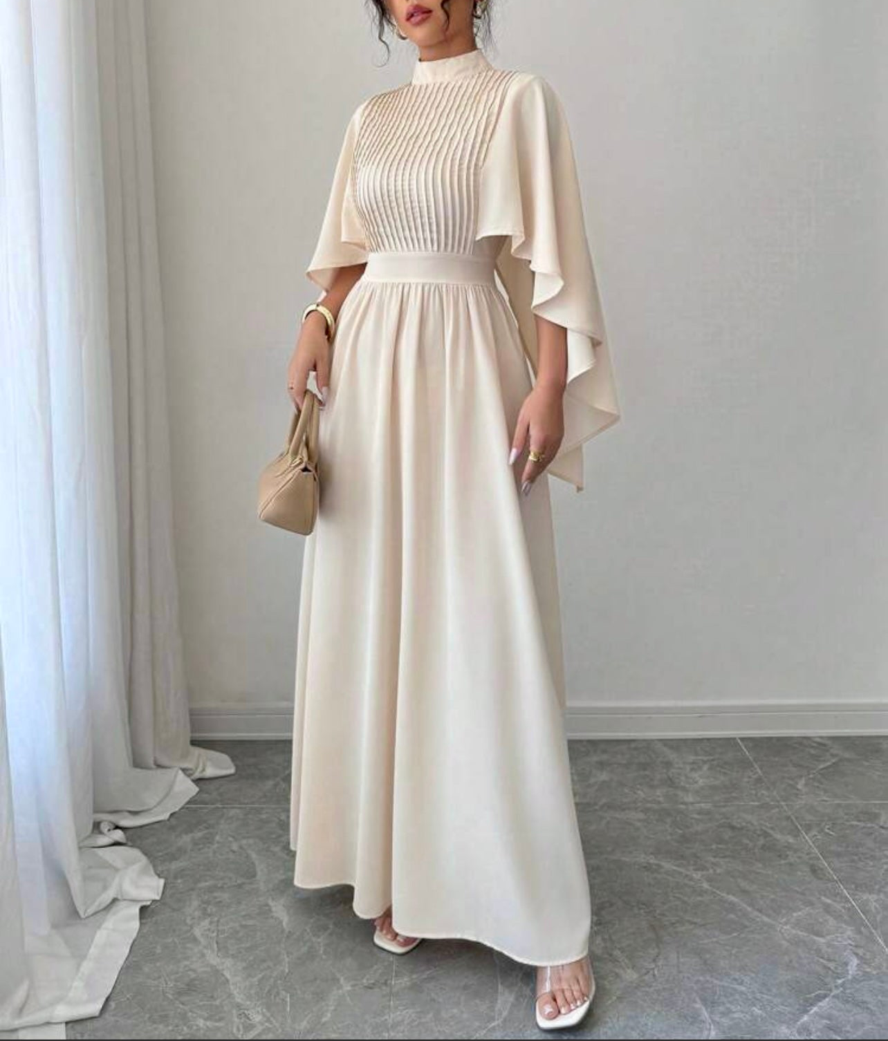 Ivory Pleated Cape Maxi Dress – Elegant Modest Wear