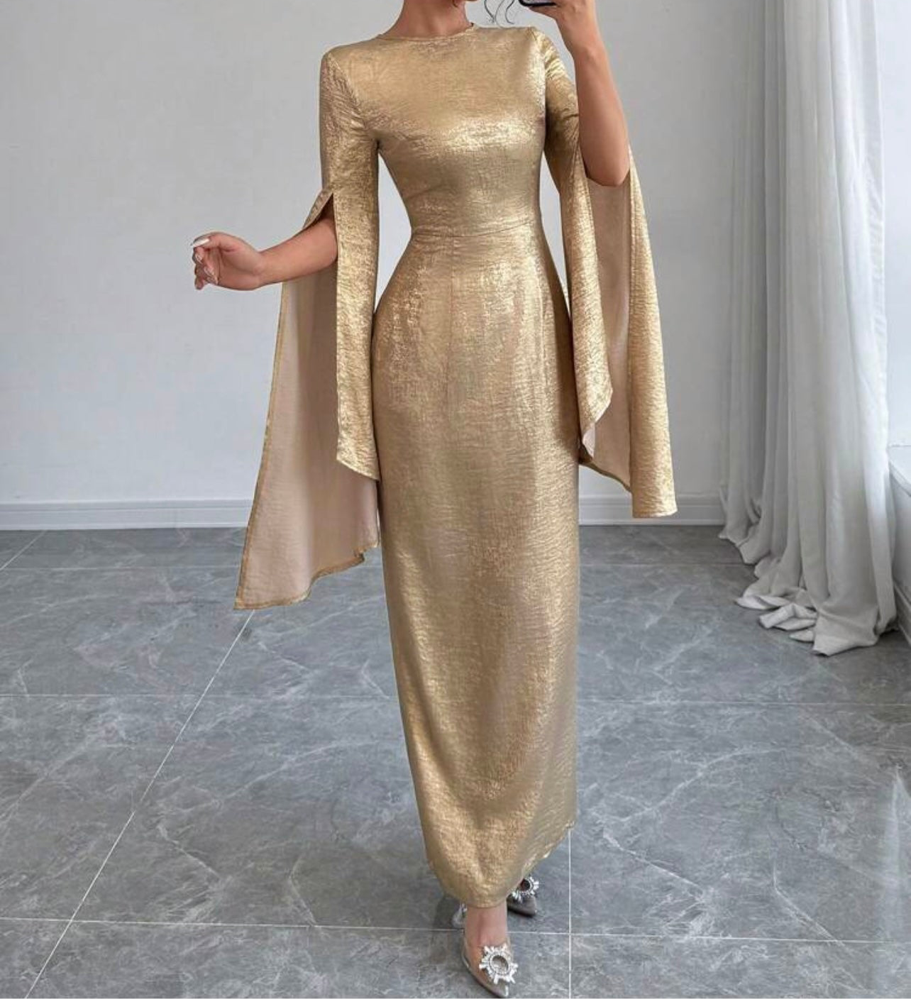 Gold Goddess Draped Sequin Gown
