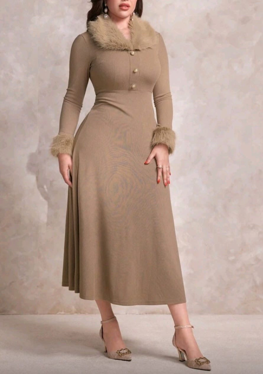 Beige Ribbed Midi Dress with Faux Fur Trim | Long Sleeve Button Detail Dress for Women – Al Zarif