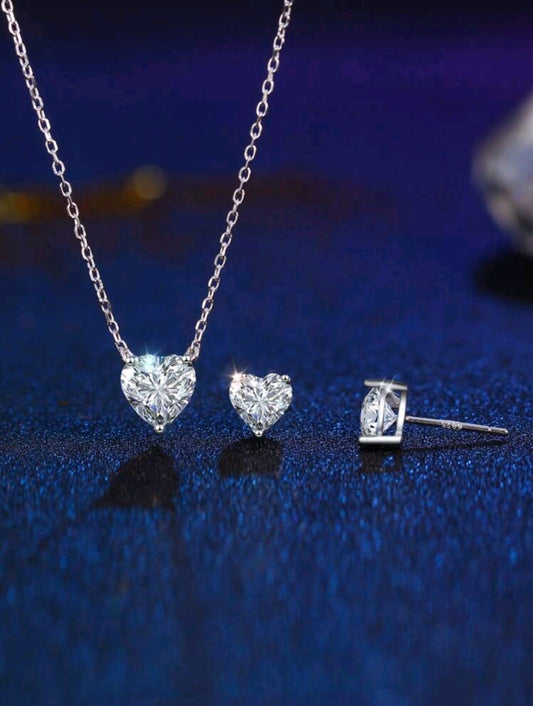 S925 Sterling Silver Heart Cut Cubic Zirconia Necklace & Stud Earrings Set