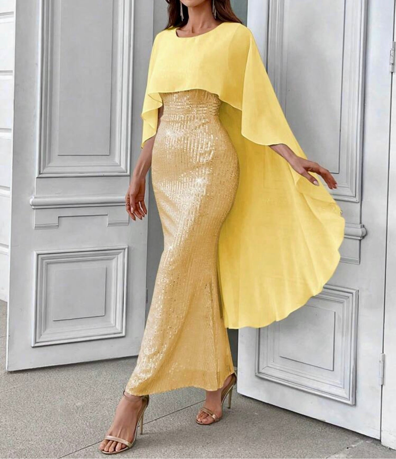 Golden Glow Sequin Cape Gown – Luxe Evening Glamour