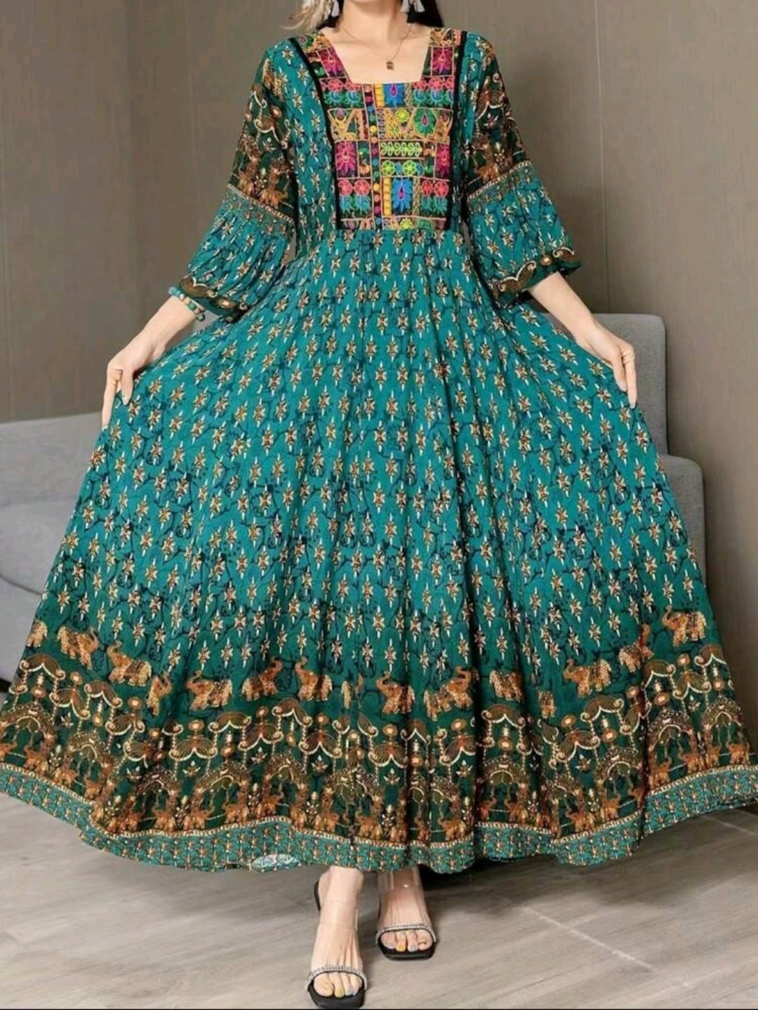 Boho Style Floral print and Embroidery Gown