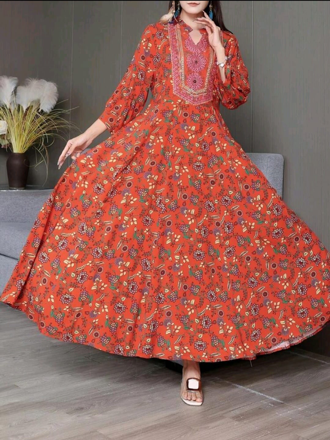 Boho Style Floral print and Embroidery Gown