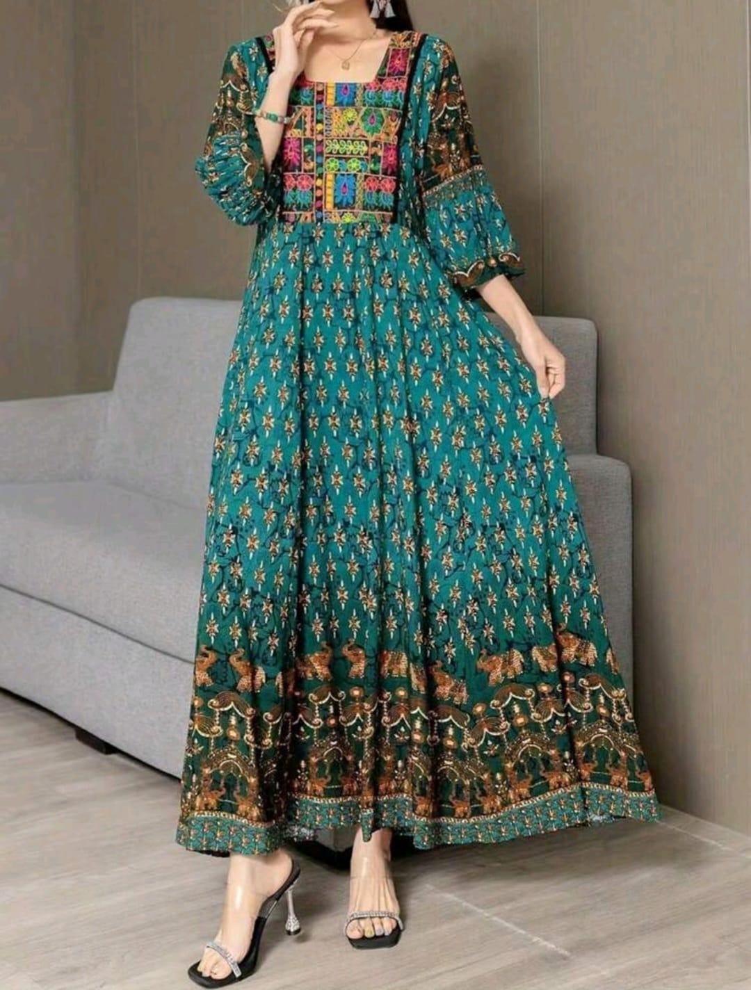 Boho Style Floral print and Embroidery Gown
