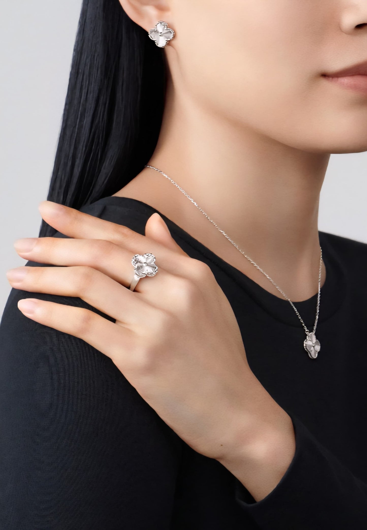 Charmé Clover Collection - Necklace, Earrings & Ring in Sterling Silver Finish