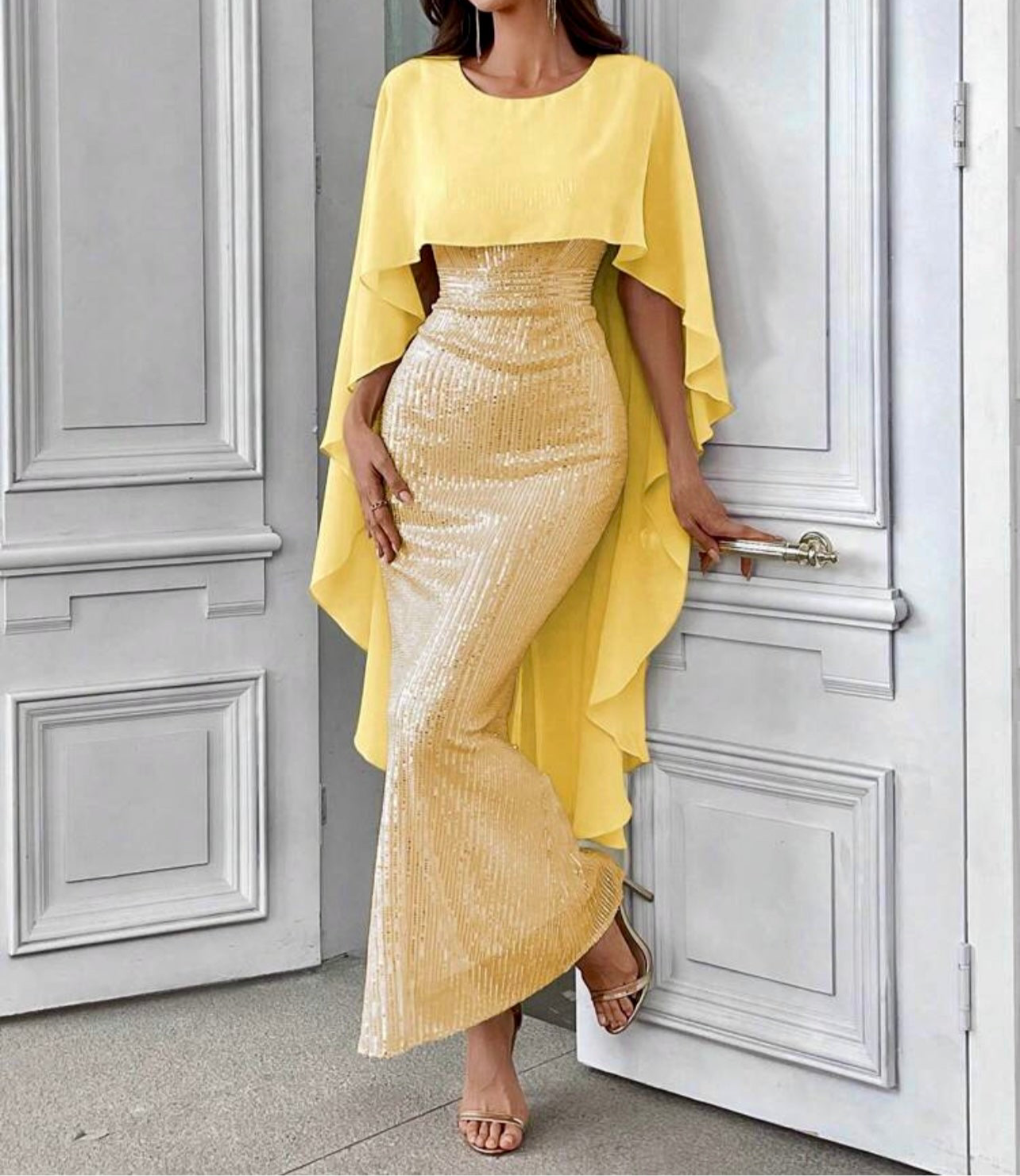 Golden Glow Sequin Cape Gown – Luxe Evening Glamour