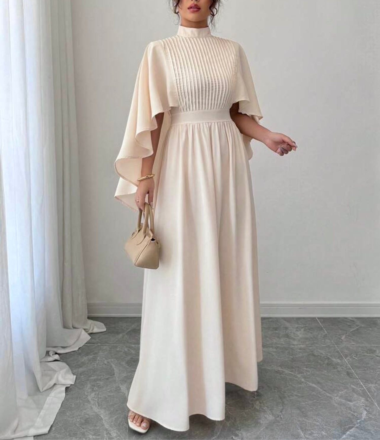Ivory Pleated Cape Maxi Dress – Elegant Modest Wear