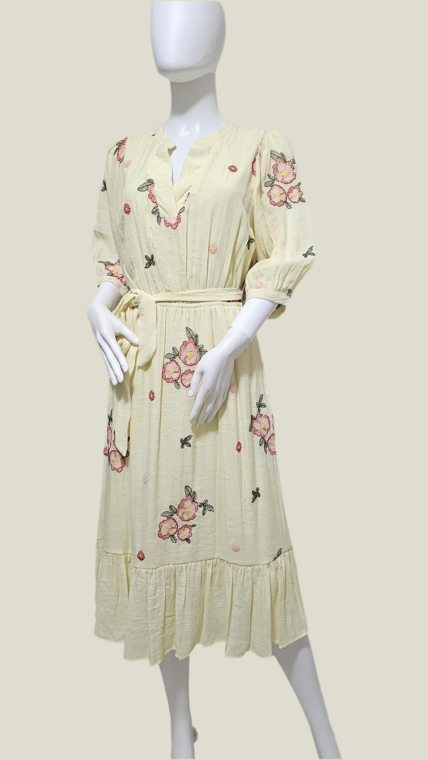 Lemon Bloom Embroidered Midi Dress