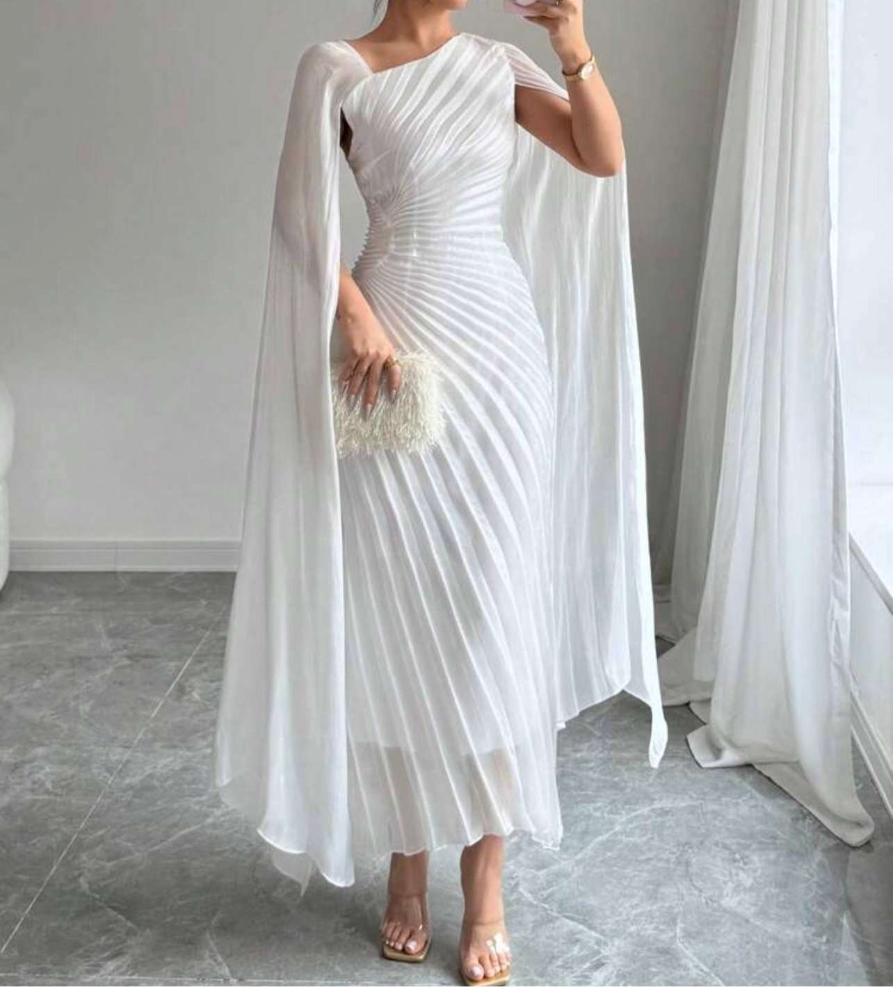 White Sculpt Pleated Cape Dress – Luxe Evening Elegance