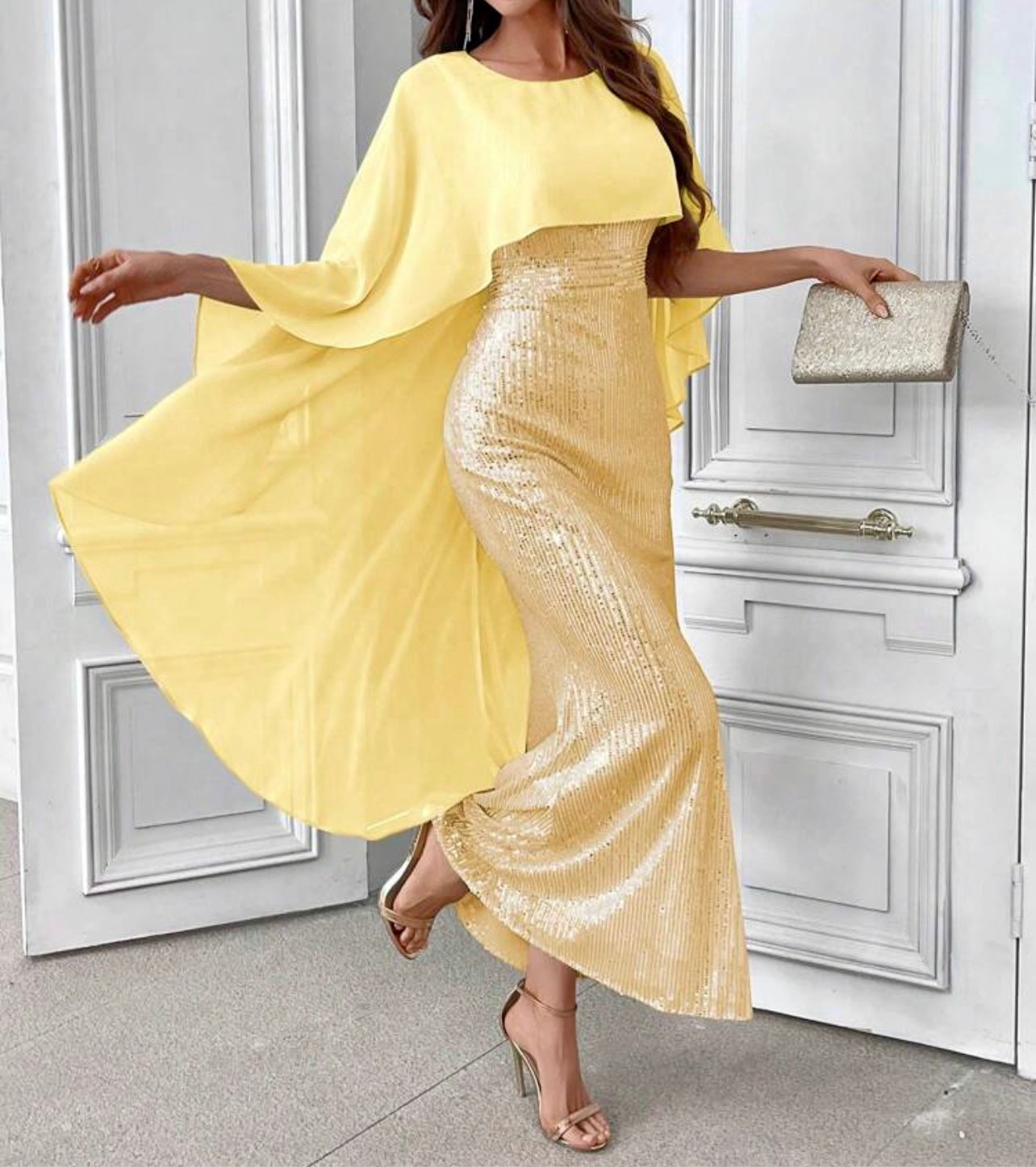 Golden Glow Sequin Cape Gown – Luxe Evening Glamour