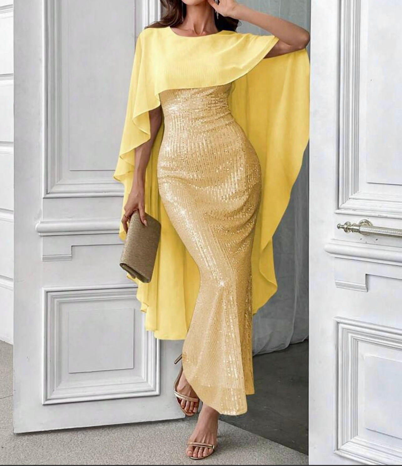 Golden Glow Sequin Cape Gown – Luxe Evening Glamour