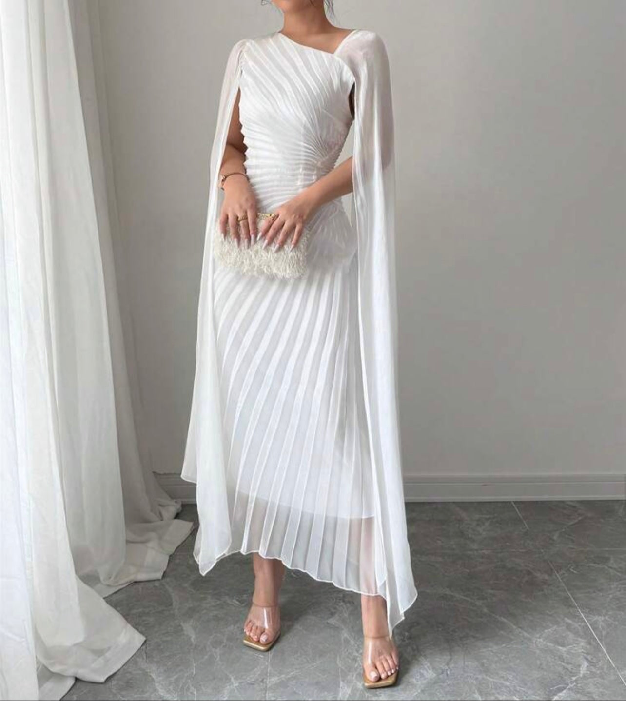 White Sculpt Pleated Cape Dress – Luxe Evening Elegance