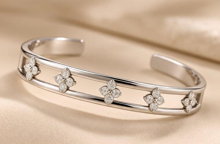 Silver Floral Cuff Bracelet | Rhodium-Coated Stainless Steel – Al Zarif