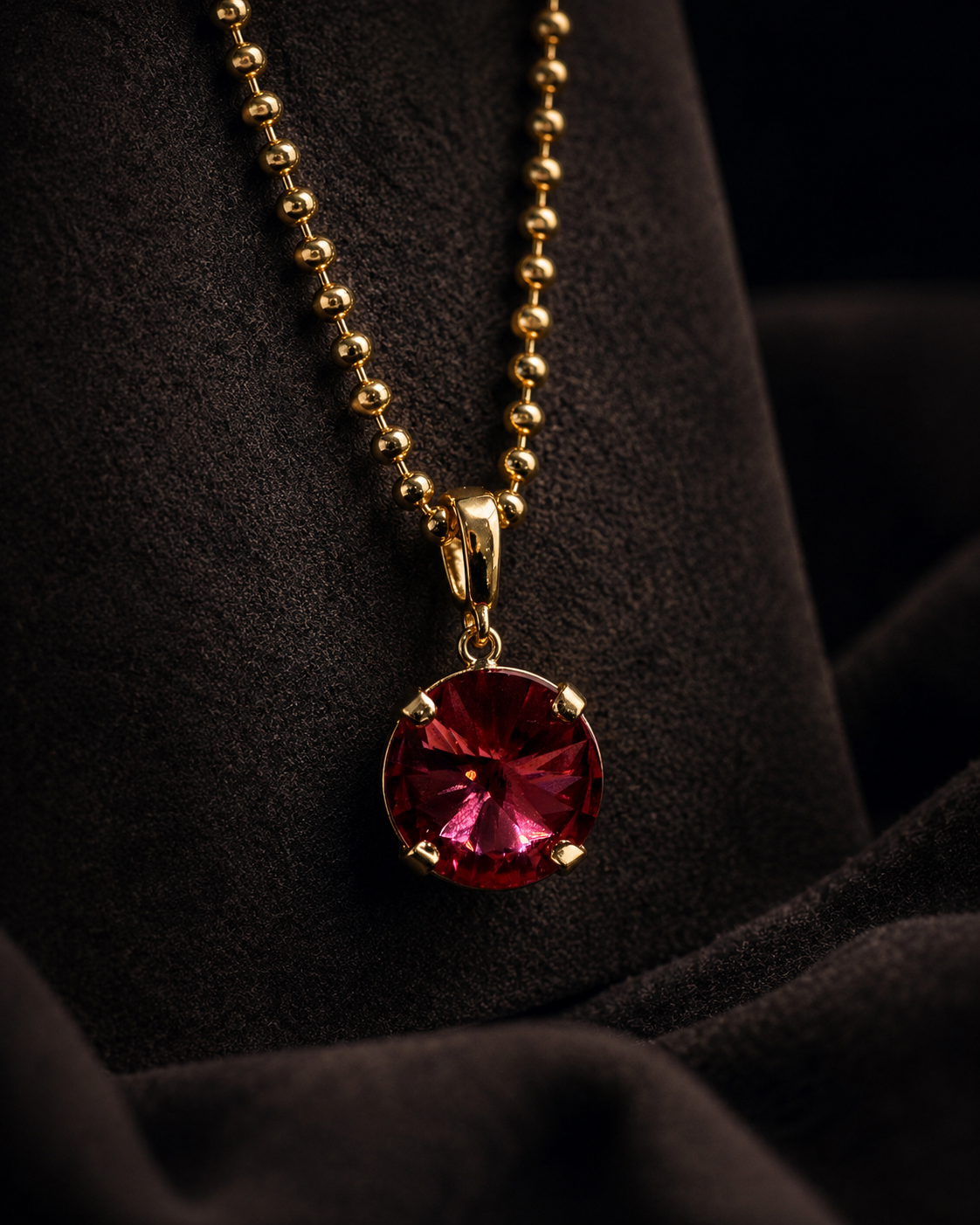 Ruby Red Crystal Pendant Necklace – Gold-Tone Beaded Chain | Al Zarif