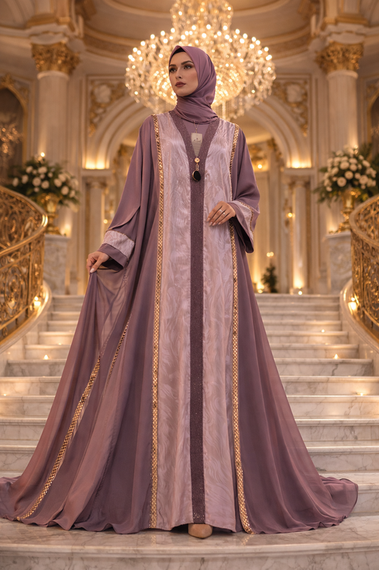 Dusty Lavender Jacquard Panel Closed Abaya with Gold Trim