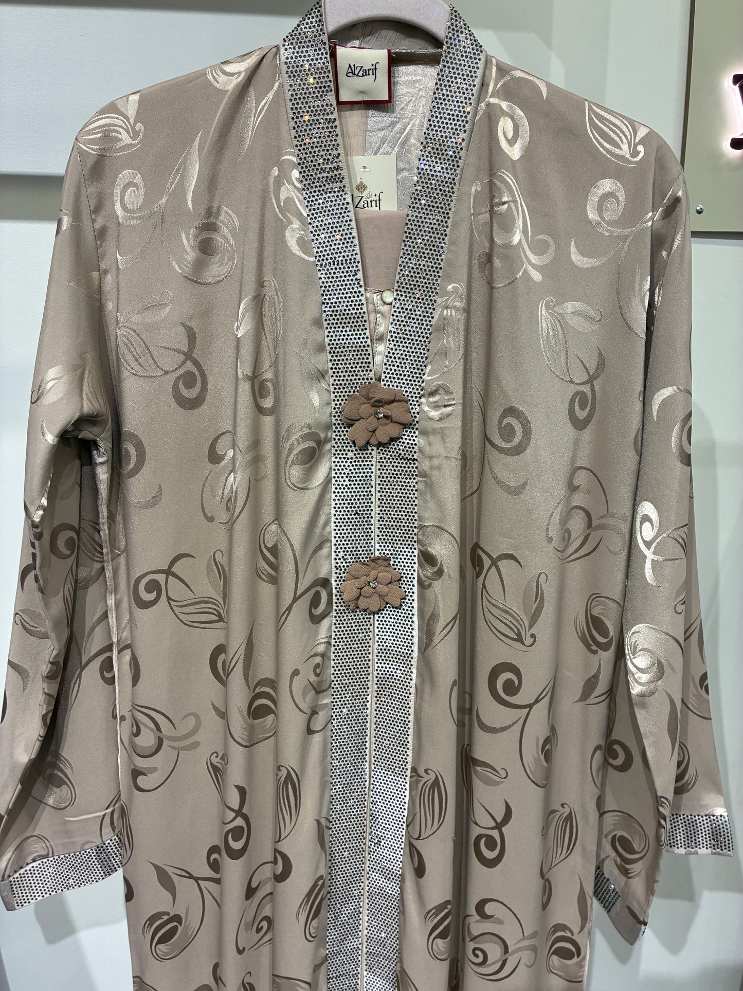 Floral Jacquard Abaya with Handcrafted Flower Detail