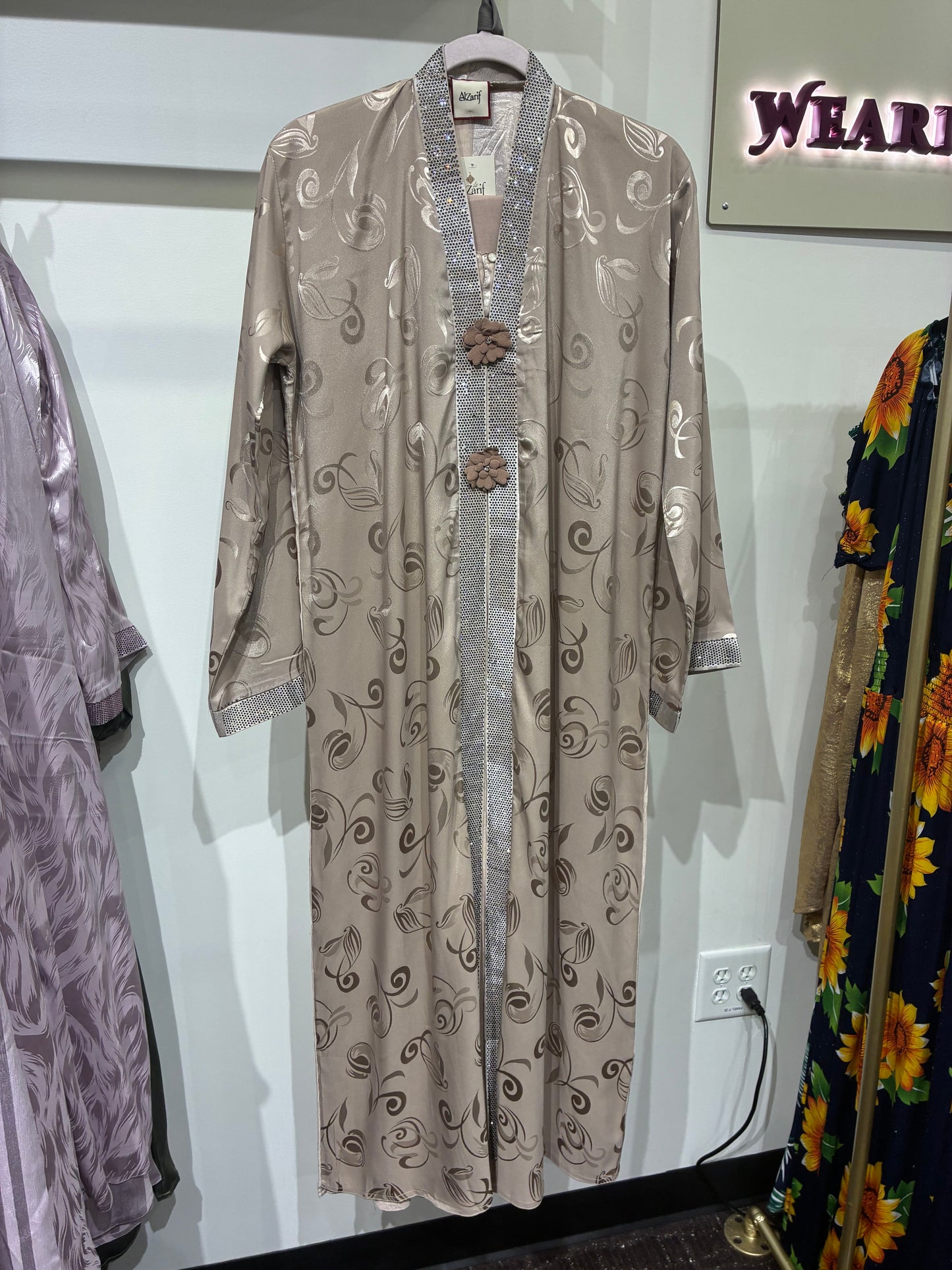 Floral Jacquard Abaya with Handcrafted Flower Detail