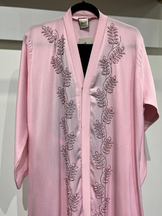 Blush Pink Embroidered Open Abaya – Luxury Floral Detail