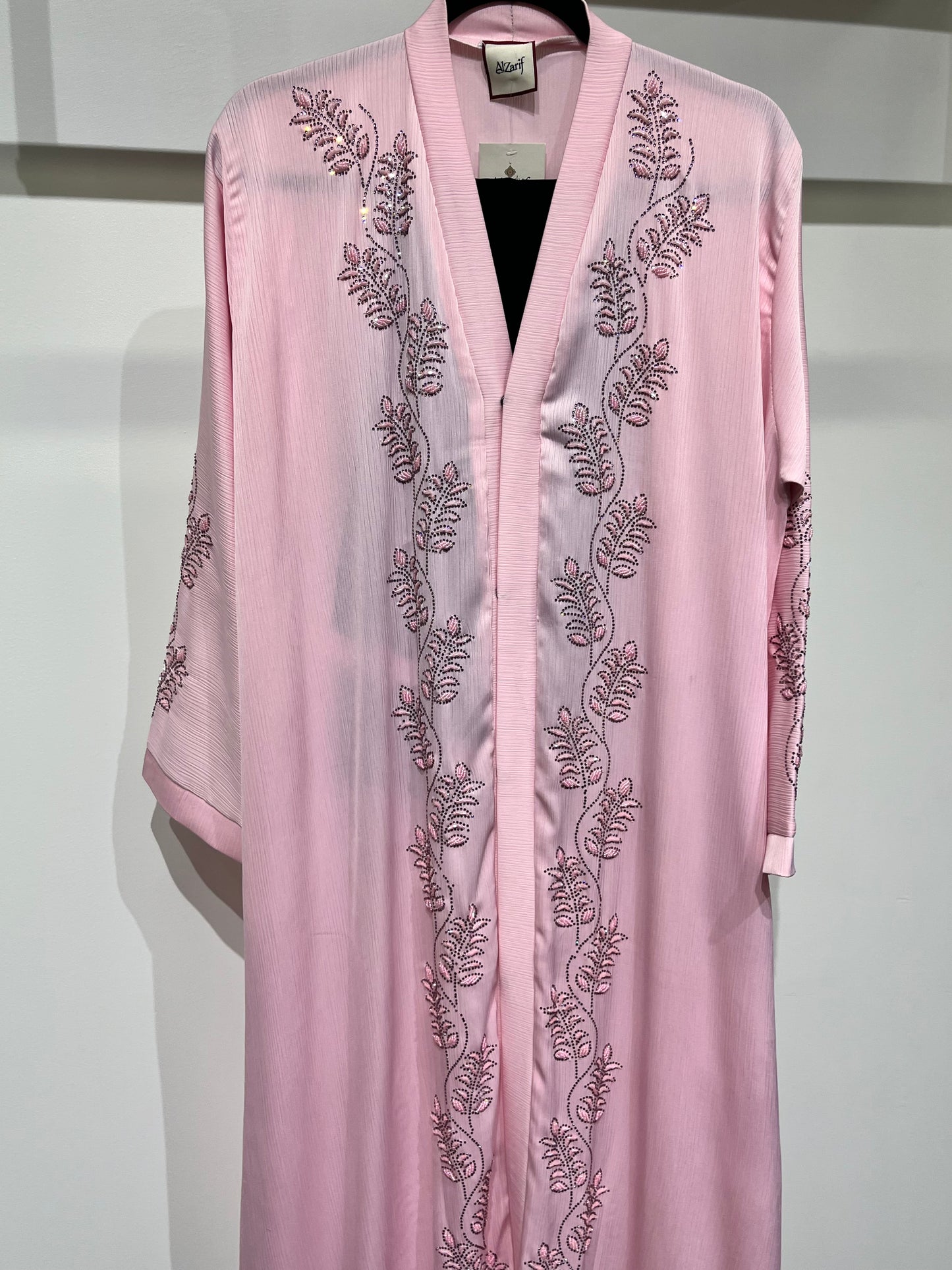 Blush Pink Embroidered Open Abaya – Luxury Floral Detail