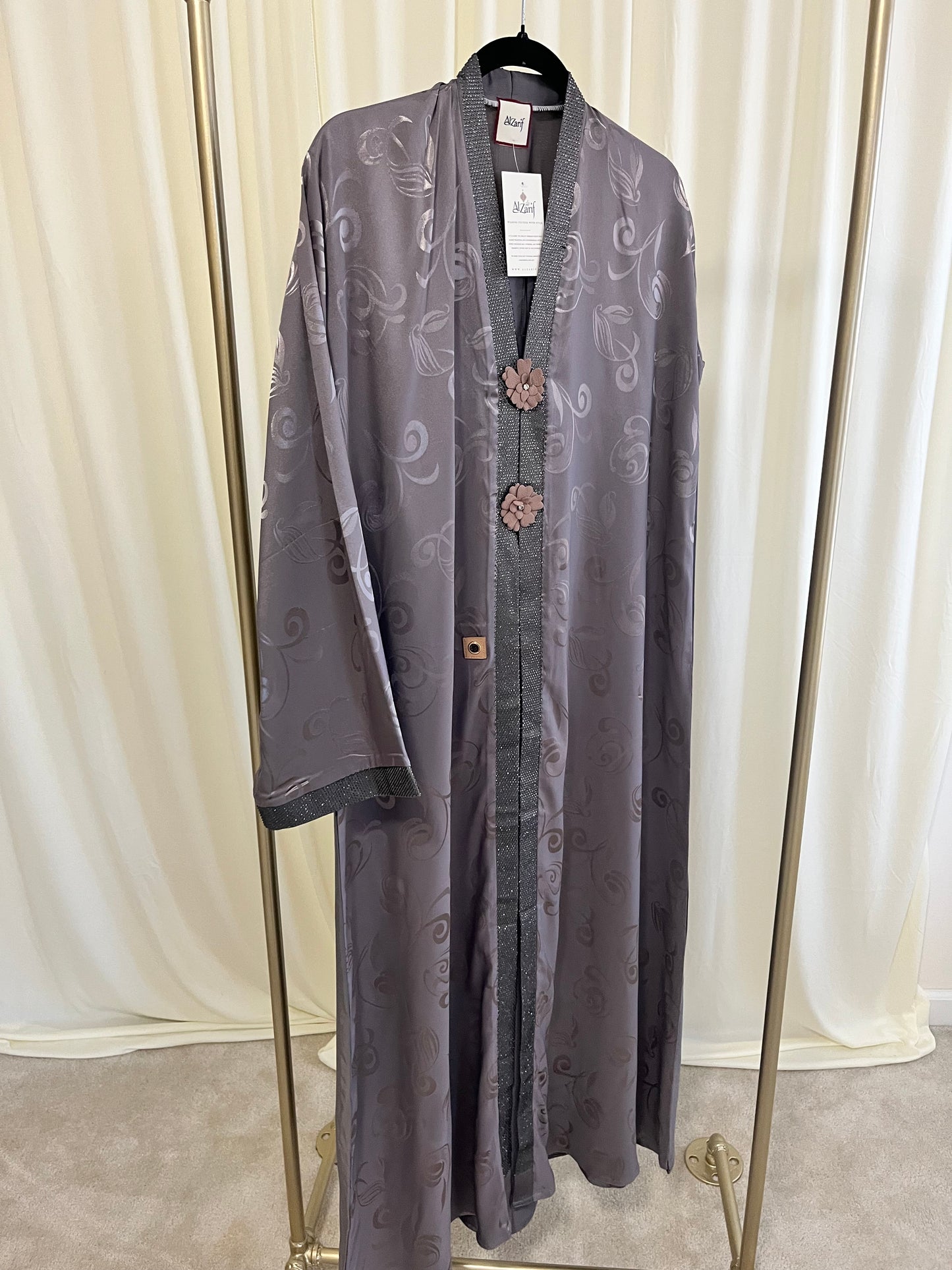 Floral Jacquard Abaya with Handcrafted Flower Detail