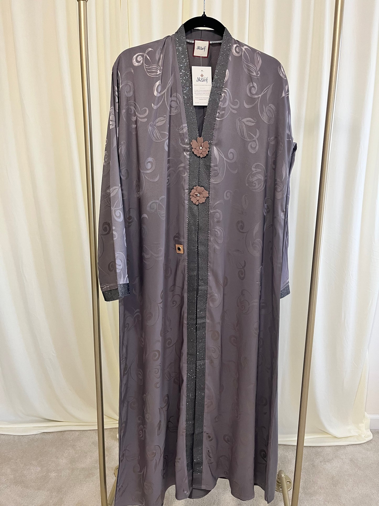 Floral Jacquard Abaya with Handcrafted Flower Detail