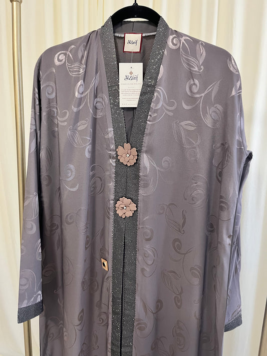 Smoky Grey Floral Jacquard Abaya with Handcrafted Flower Detail