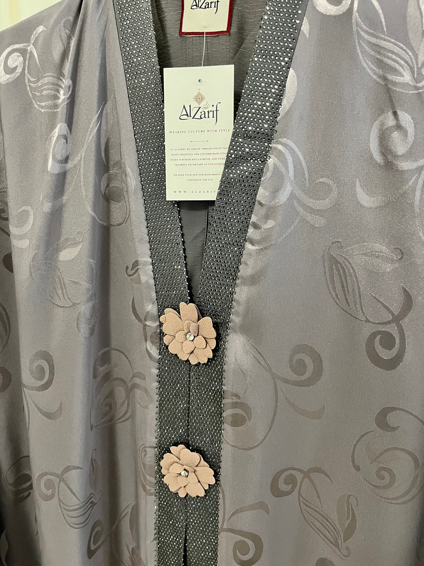 Floral Jacquard Abaya with Handcrafted Flower Detail