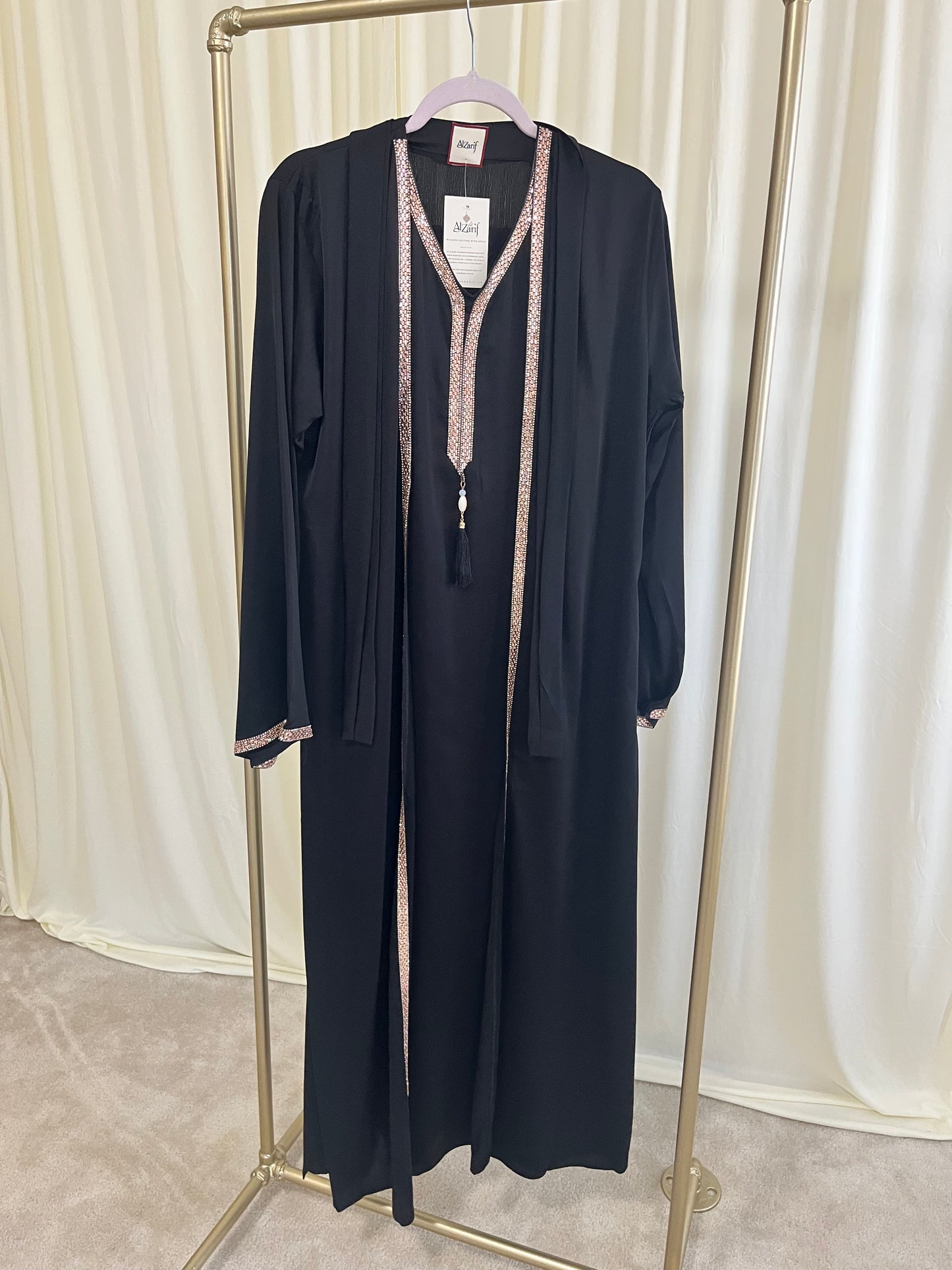 Midnight Noir Abaya with Rose Gold Mosaic Trim