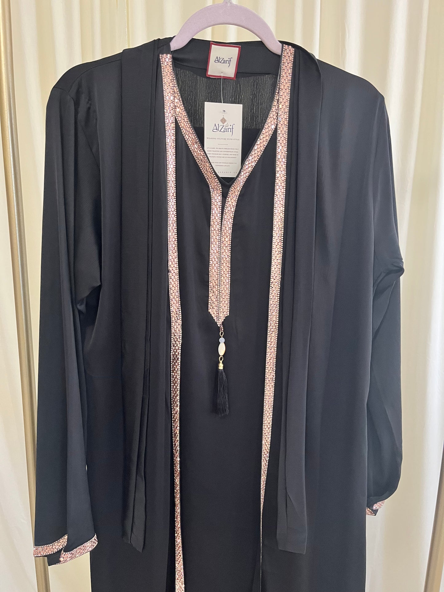 Midnight Noir Abaya with Rose Gold Mosaic Trim