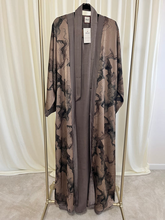 Smoke & Silver Liquid Marble & Mocha Luxe 2-Piece Tie dye Abaya Set