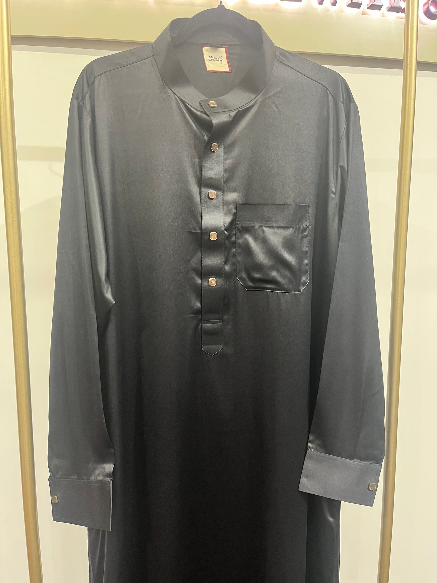 Midnight Luxe Black Satin Thobe – Premium Men’s Modest Wear