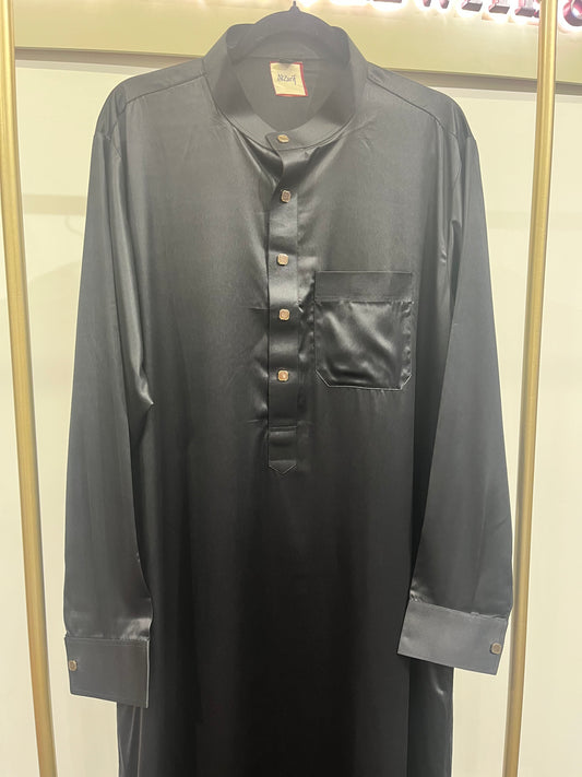 Midnight Luxe Black Satin Thobe – Premium Men’s Modest Wear