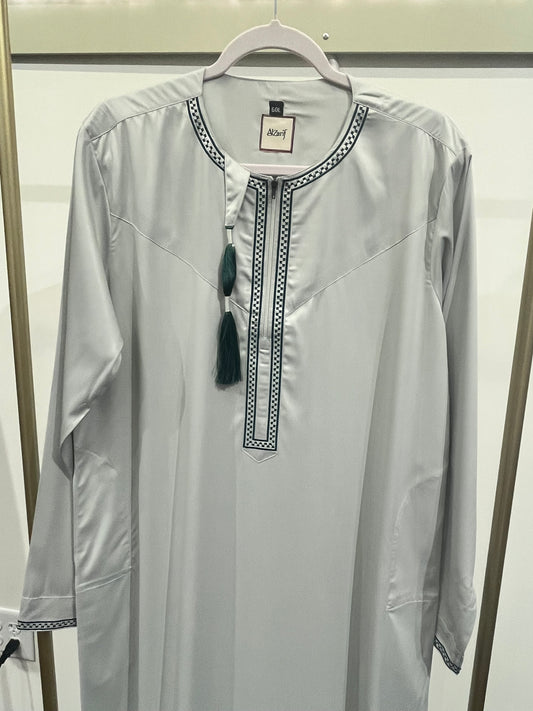 Sage Grey Embroidered Placket Tassel Thobe