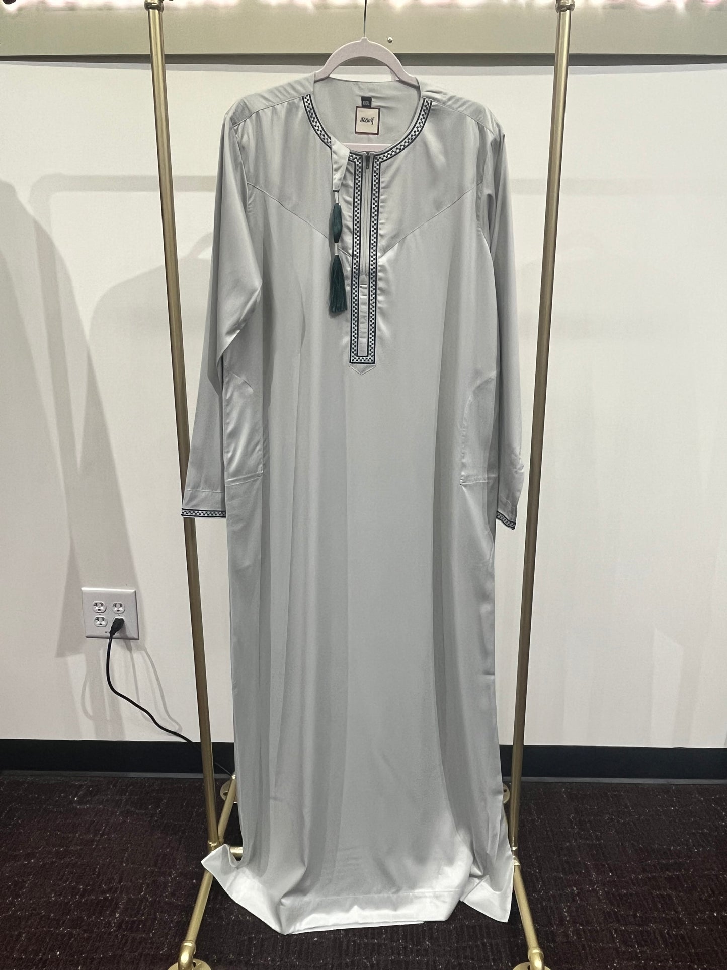 Sage Grey Embroidered Placket Tassel Thobe