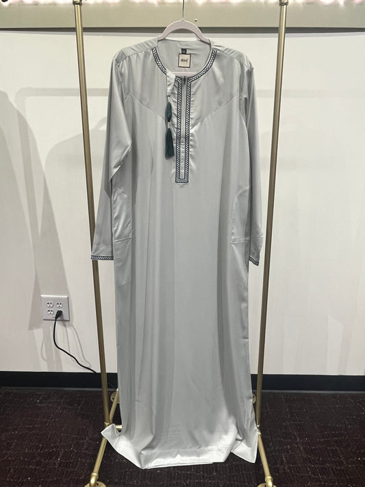 Sage Grey Embroidered Placket Tassel Thobe
