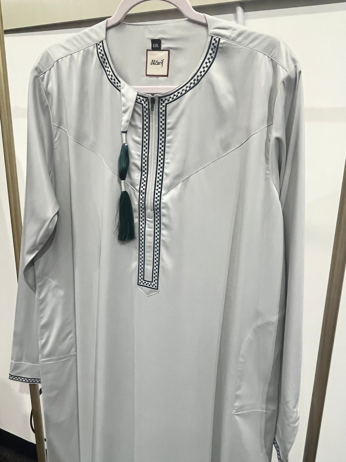 Sage Grey Embroidered Placket Tassel Thobe
