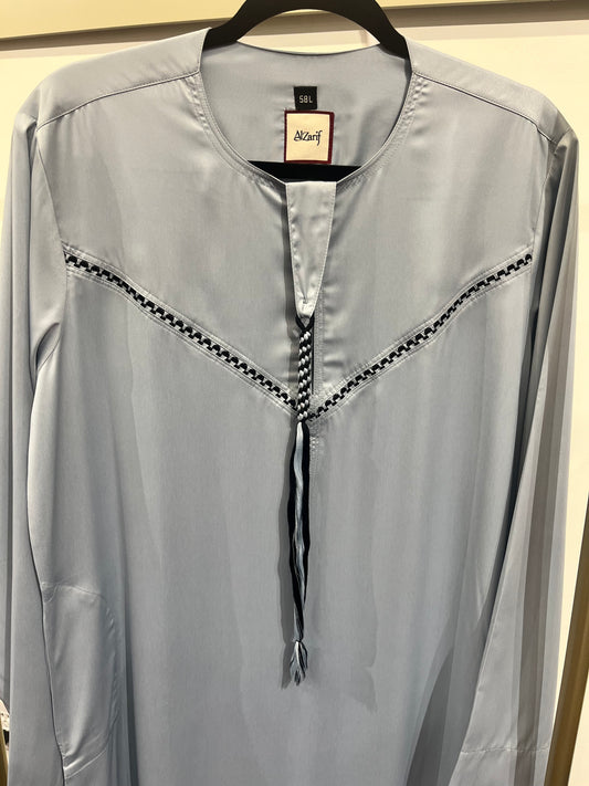 Misty Grey Braided Detail Thobe with Tassel Tie