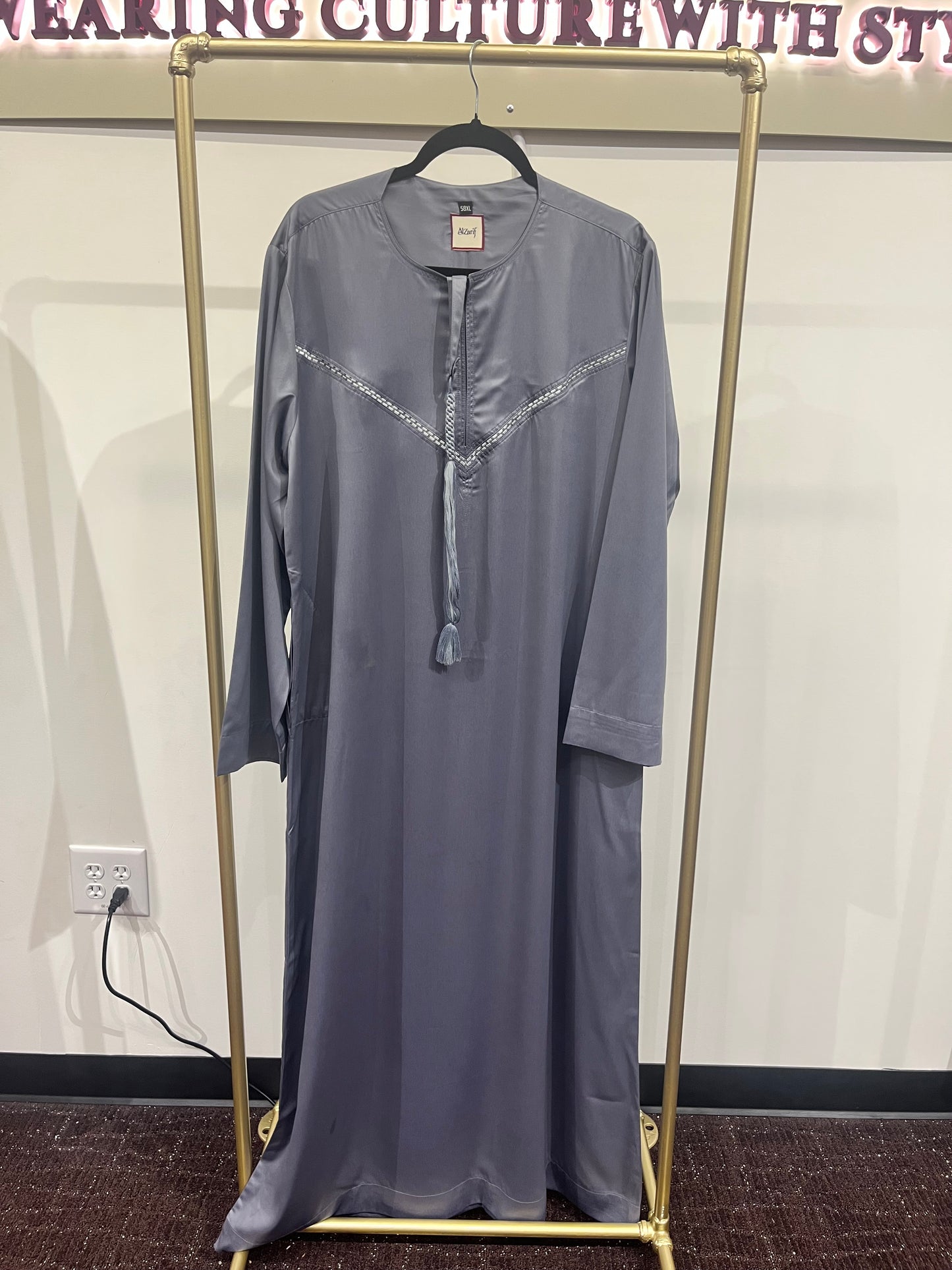 Ash Grey Signature Tassel Thobe – Embroidered V-Detail Edition