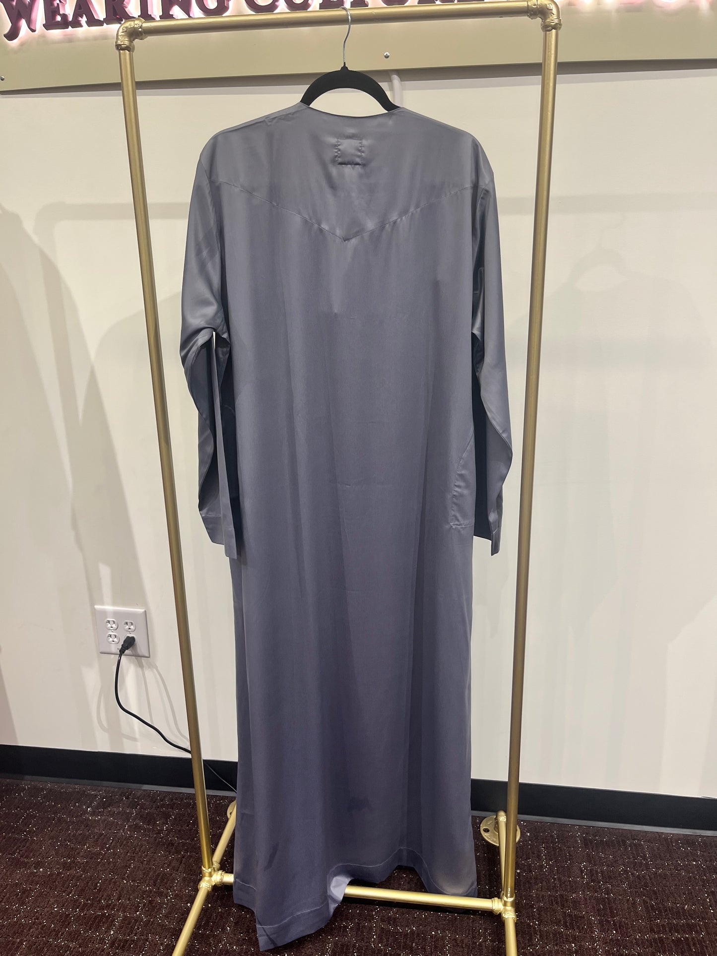 Ash Grey Signature Tassel Thobe – Embroidered V-Detail Edition