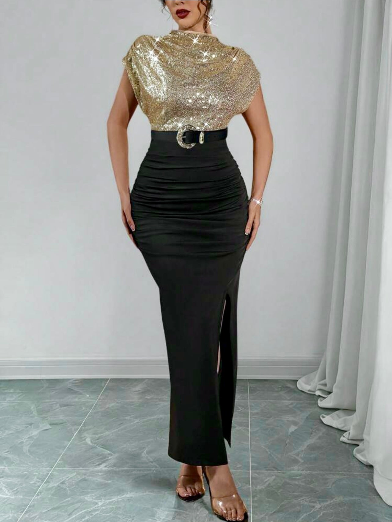 Gold & Black Contrast Midi Dress – Chic Semi-Formal Elegance