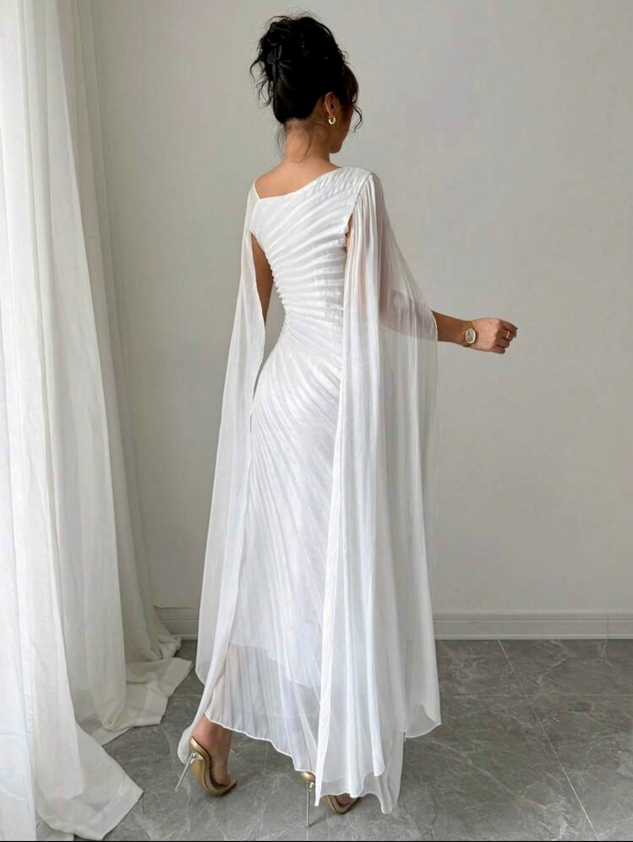 White Sculpt Pleated Cape Dress – Luxe Evening Elegance