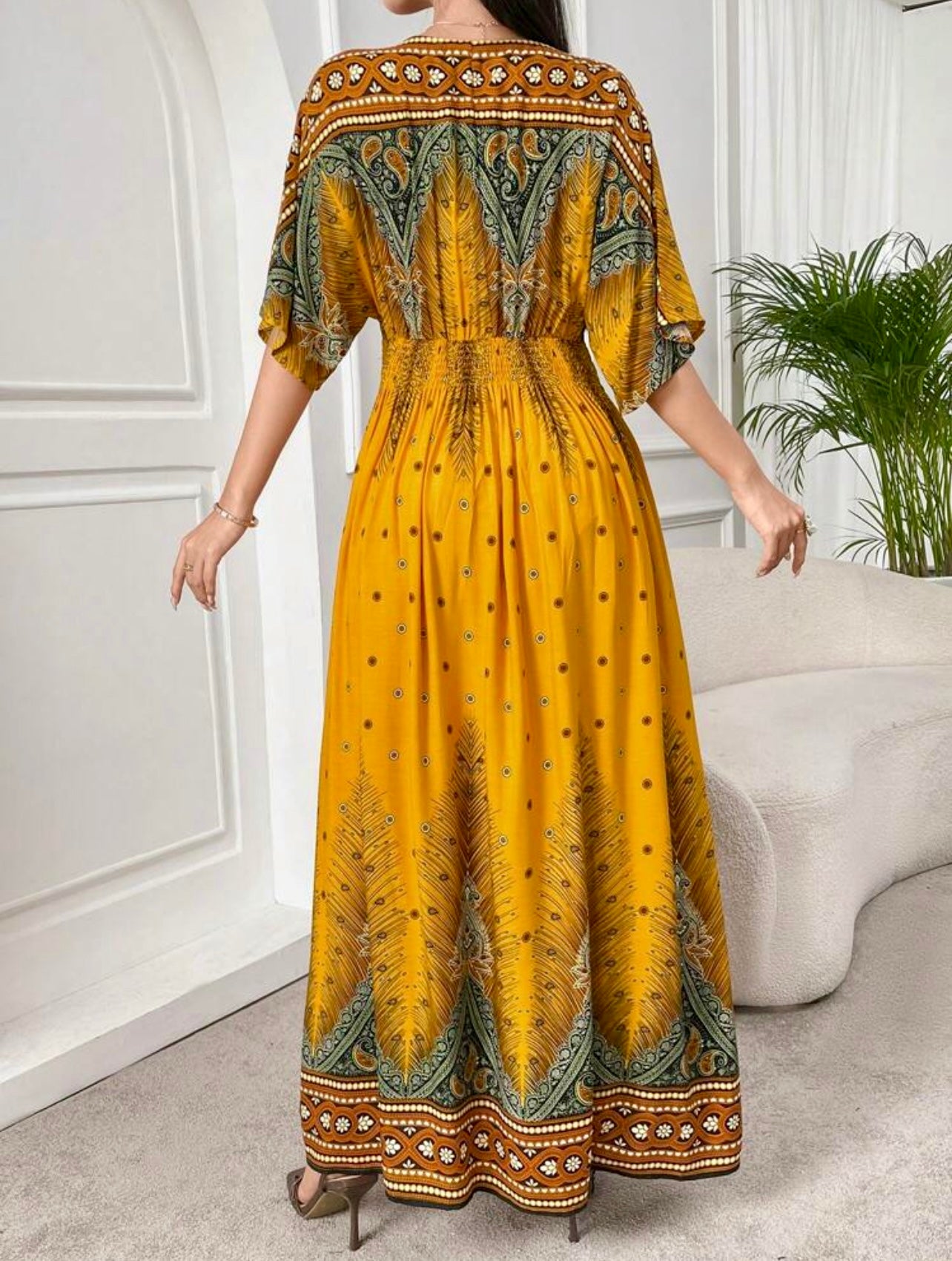 Boho Mustard Smocked Waist Maxi Dress