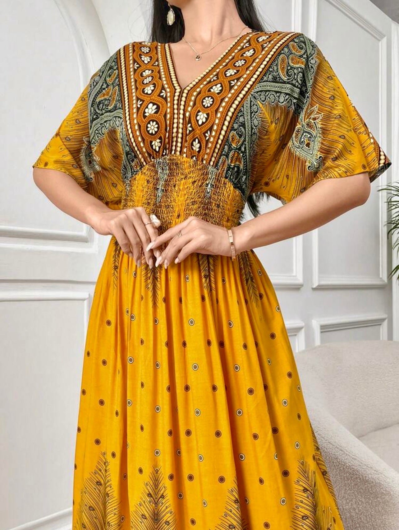 Boho Mustard Smocked Waist Maxi Dress