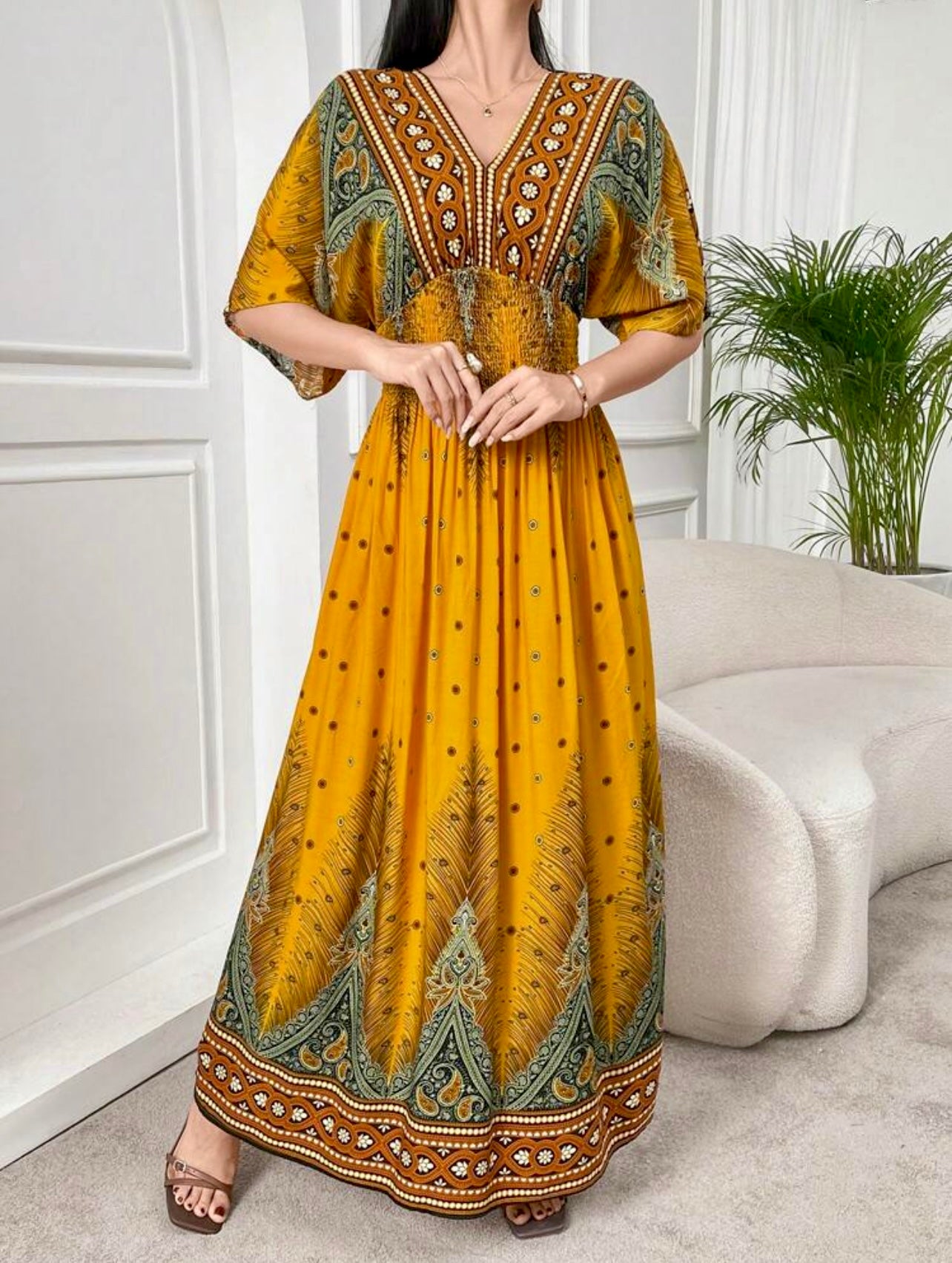 Boho Mustard Smocked Waist Maxi Dress