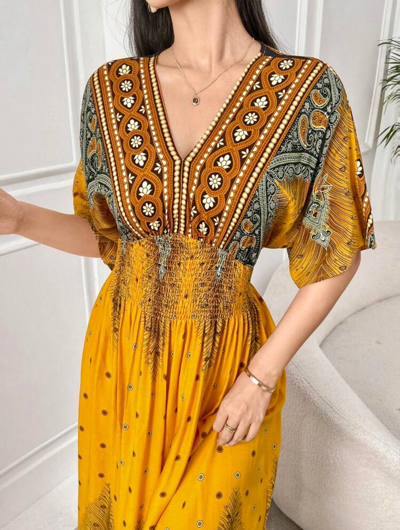 Boho Mustard Smocked Waist Maxi Dress