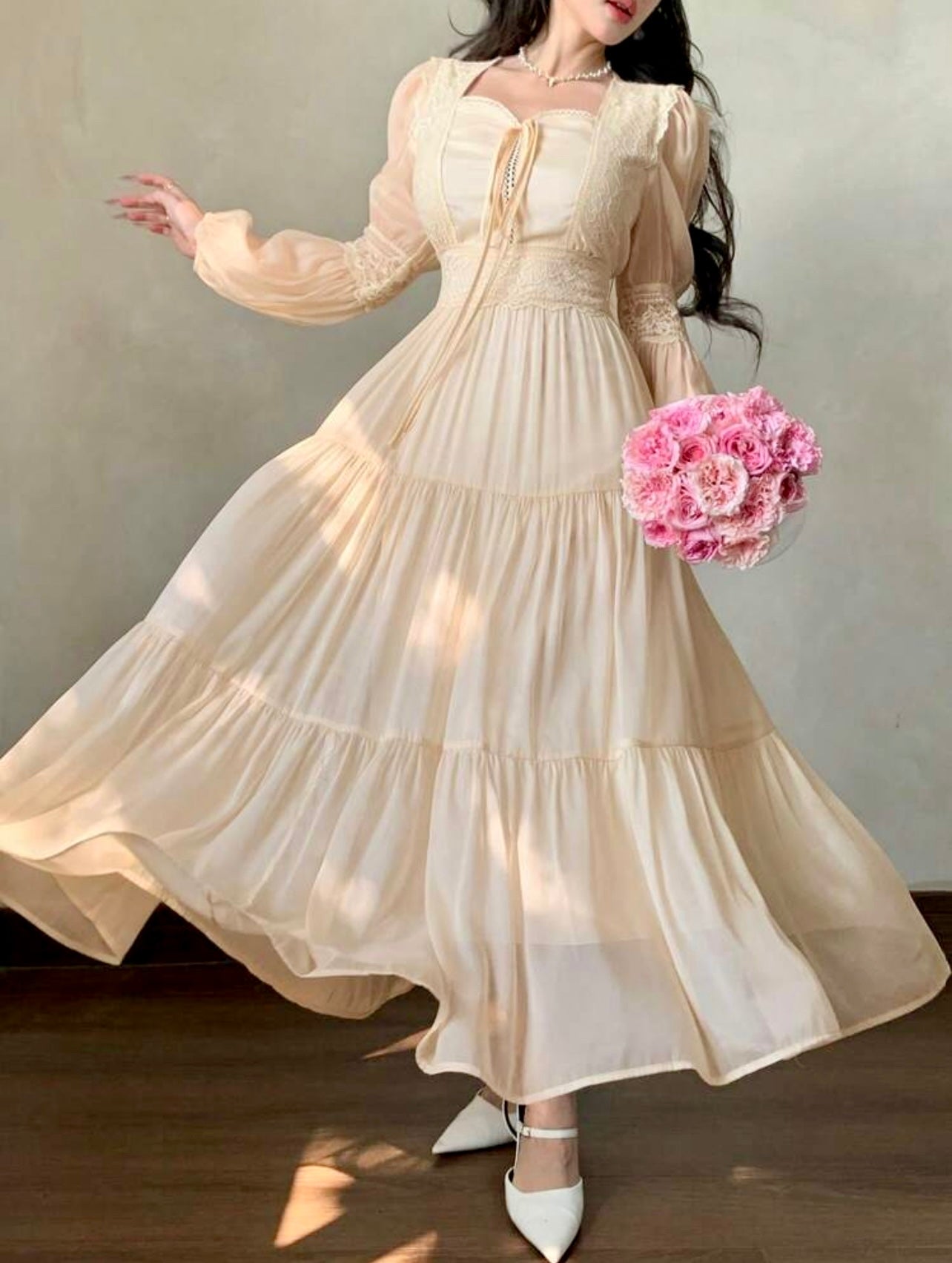 Lace Whisper Tiered Maxi Dress – Vintage Romance Meets Modern Modesty