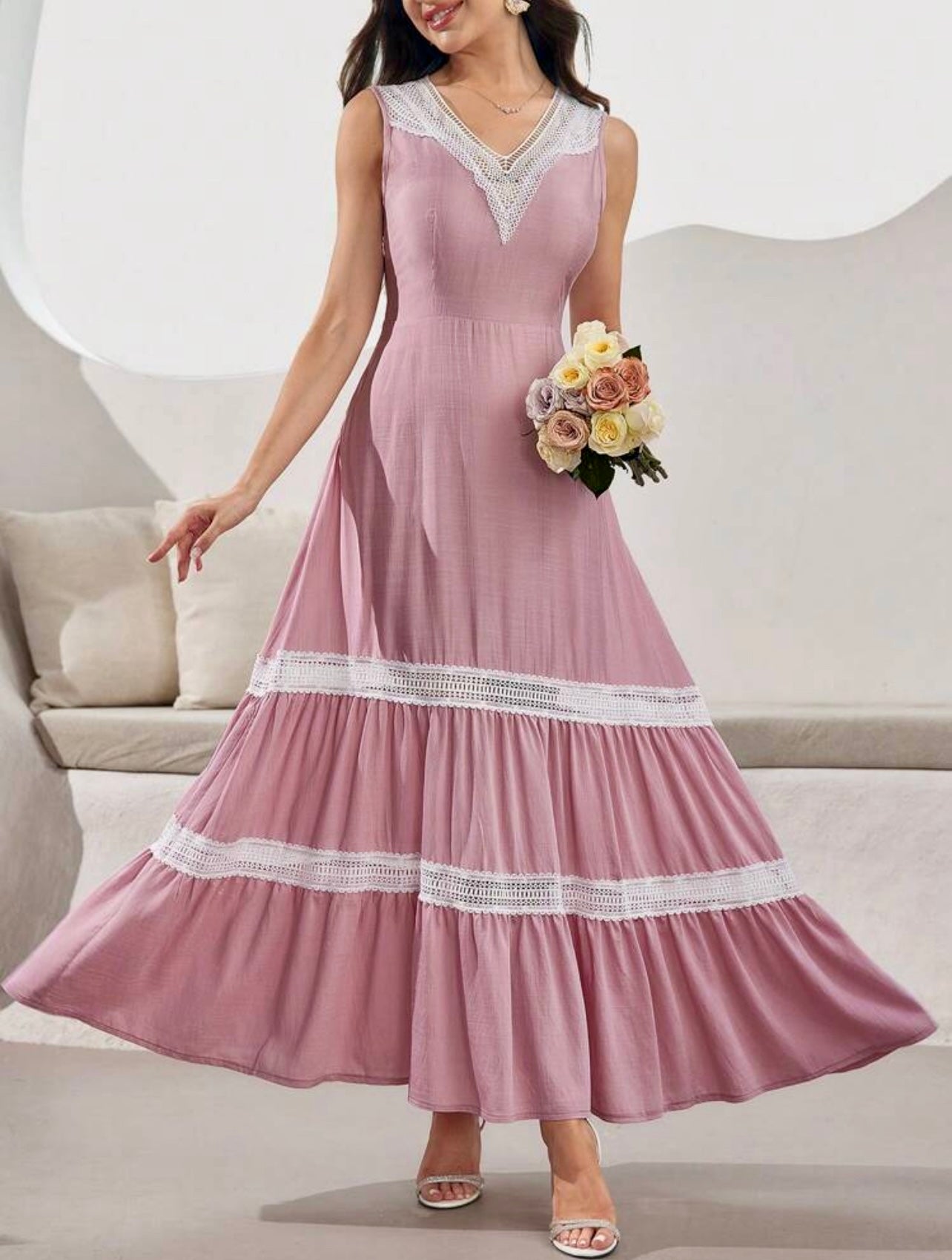 Mauve Lace Trim Maxi Dress - Soft, Feminine & Modestly Chic