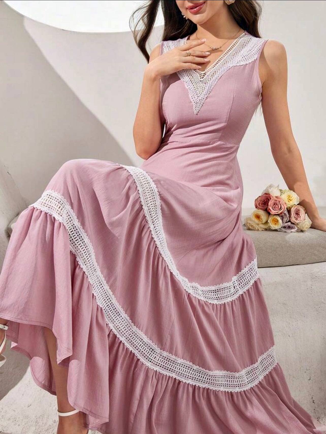 Mauve Lace Trim Maxi Dress - Soft, Feminine & Modestly Chic